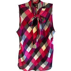 Nine West Pink Plaid Bow Sleeveless Blouse XL Geometric Tie Neck Top